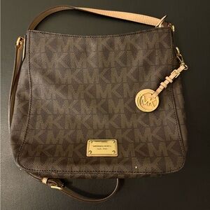 Michael Kors Brown Monogram Crossbody Bag with Gold Hardware